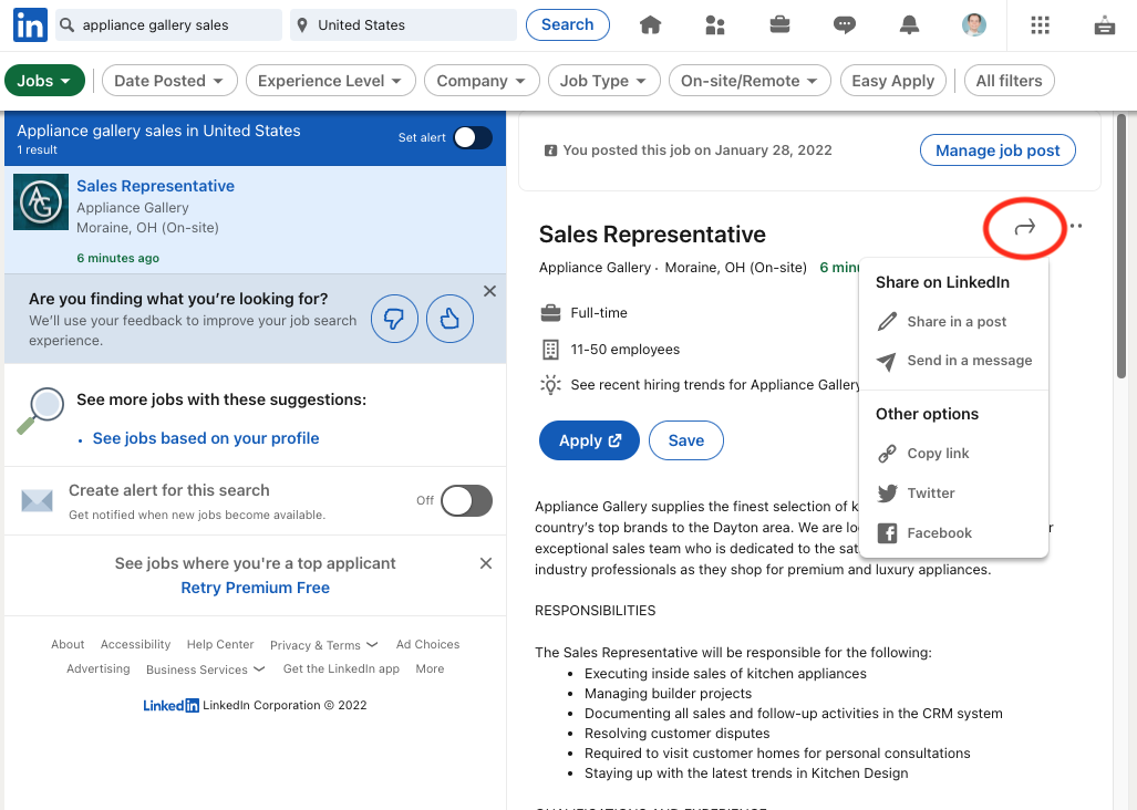 how-to-share-linkedin-job-posting-2 screenshot for instructions on how to share linkedin job posting
