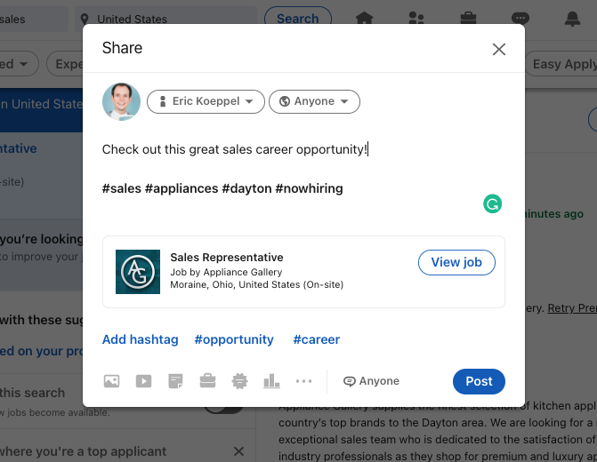 how-to-share-linkedin-job-posting-3 screenshot for instructions on how to share linkedin job posting